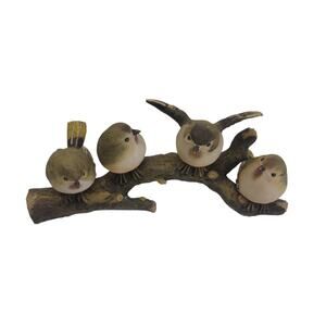 Adorable Polyresin Four Birds on Branch Figurine Perched on Log Decor Songbirds